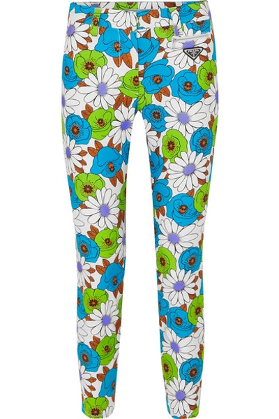 Shop Prada Floral-print Cotton-blend Twill Skinny Pants In Green