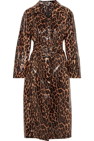 Shop Miu Miu Belted Leopard-print Glossed-pu Cotton Trench Coat In Brown