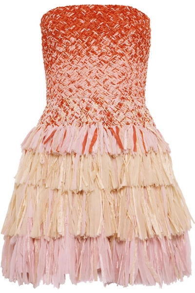 Shop Esteban Cortazar Embellished Silk-gauze And Raffia Mini Dress In Orange