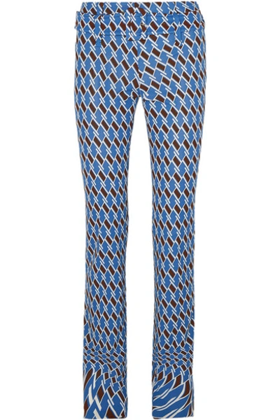 Shop Prada Belted Printed Jersey Straight-leg Pants In Blue