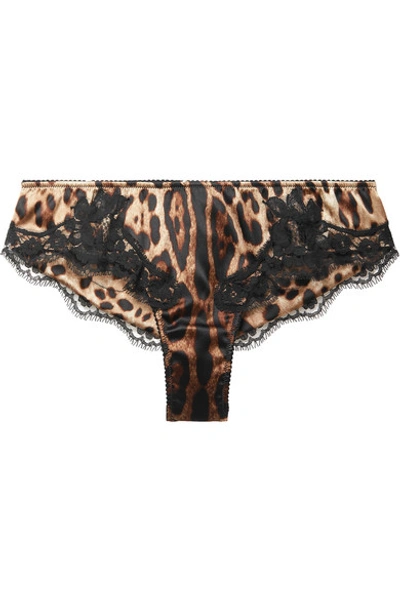 Shop Dolce & Gabbana Lace-trimmed Leopard-print Stretch-silk Satin Briefs In Leopard Print