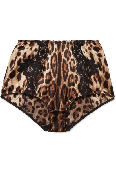 Shop Dolce & Gabbana Lace-trimmed Leopard-print Stretch-silk Satin Briefs In Leopard Print