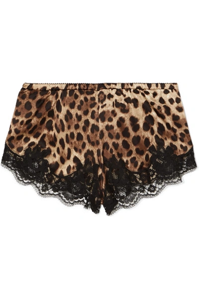 Shop Dolce & Gabbana Lace-trimmed Leopard-print Silk-blend Satin Shorts In Leopard Print