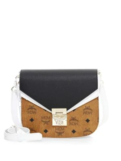 Shop Mcm Small Patricia Visetos Leather Shoulder Bag In Cognac Black
