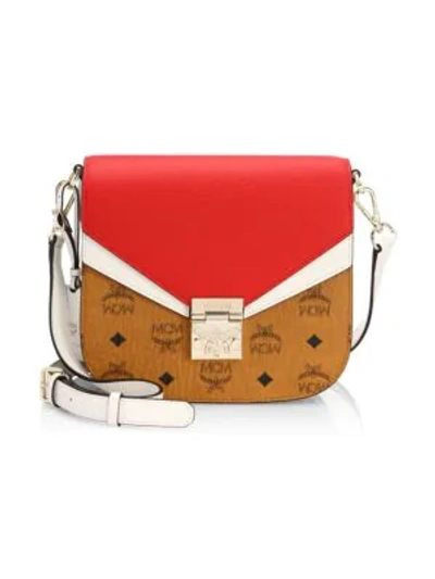 Shop Mcm Small Patricia Visetos Leather Shoulder Bag In Cognac Red