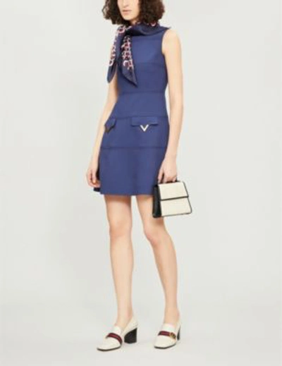 Shop Valentino Logo-pocket Wool-crepe Mini Dress In Pure Blue