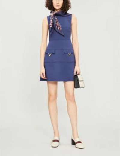 Shop Valentino Logo-pocket Wool-crepe Mini Dress In Pure Blue