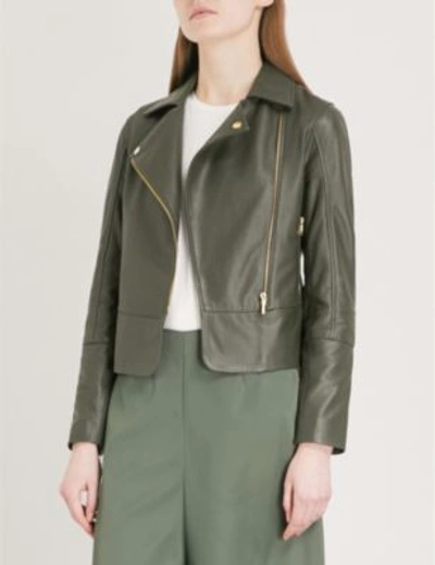 Shop Ted Baker Minimal Leather Biker Jacket In Dark Green