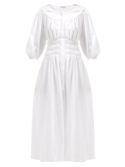 Three Graces London Arabella Shirred Cotton-Voile Midi Dress In White ...