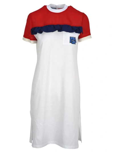 Shop Prada Ruffled Detail T-shirt Style Dress In White + Red + Ink