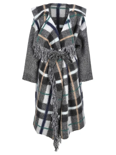 Shop Stella Mccartney Coat Fringe In Check Multi Grey