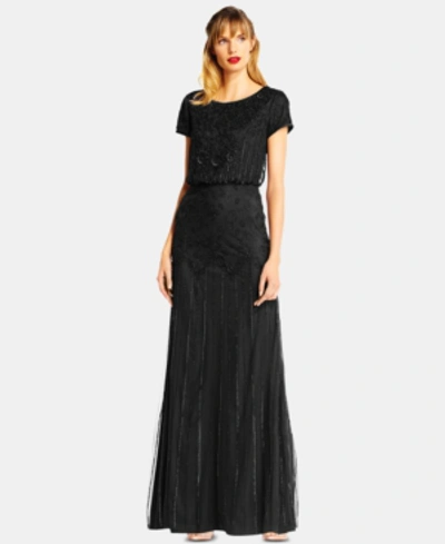 Shop Adrianna Papell Beaded Short-sleeve Gown In Black