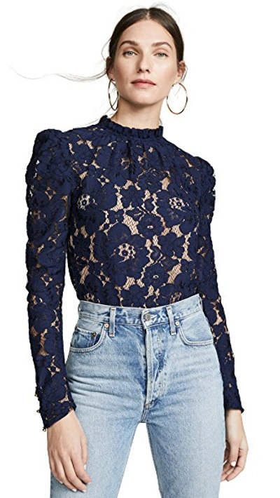 Shop Wayf Emma Puff Sleeve Lace Top In Navy Lace