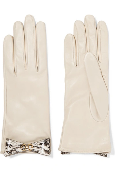 Shop Gucci Bow-embellished Elaphe-trimmed Leather Gloves