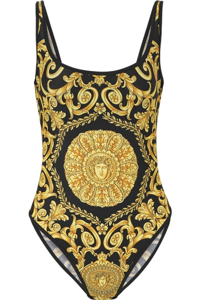 Shop Versace Printed Swimsuit In Black