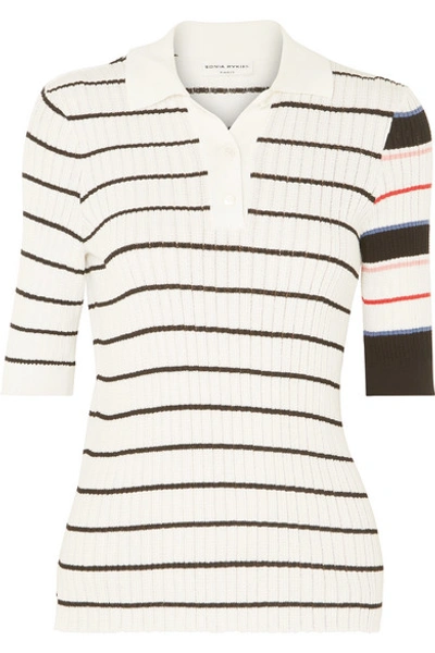 Shop Sonia Rykiel Striped Ribbed-knit Cotton-blend Polo Shirt In White
