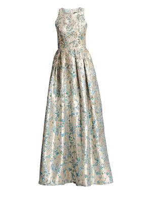 floral jacquard sleeveless ball gown with pockets