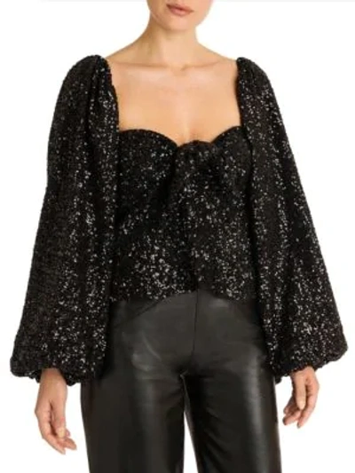 Shop Attico Knot Front Sequin Statement Sleeve Top In Black