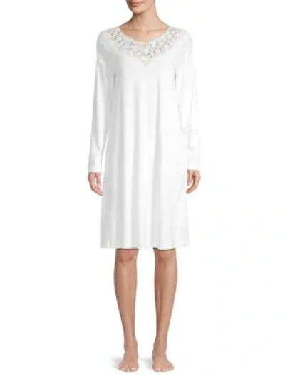 Shop Hanro Aurelia Long-sleeve Lace Trim Night Gown In White