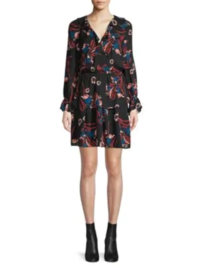 Shop Joie Nour Floral Tiered Ruffle Silk A-line Dress In Caviar