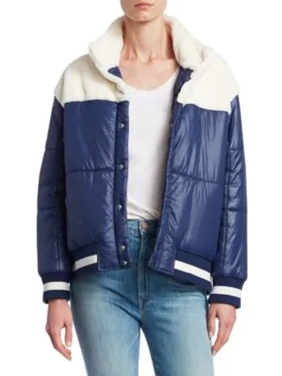 Shop Mother The Puff Faux-fur Snap Jacket In Navy
