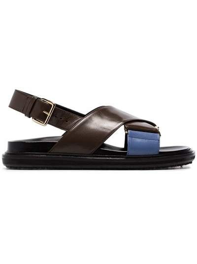 Shop Marni Brown And Blue Fussbett Leather Buckled Sandals