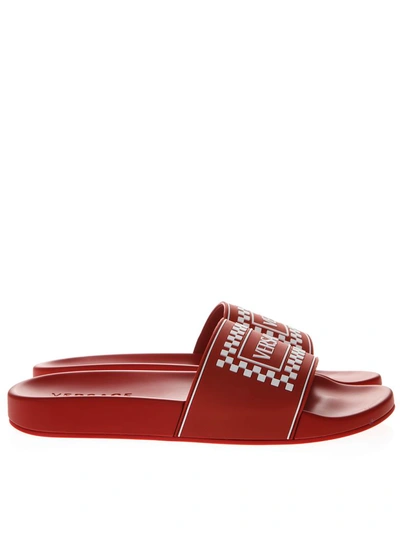 Shop Versace Red Leather Slides With  Logo In Red/white
