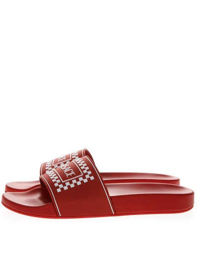 Shop Versace Red Leather Slides With  Logo In Red/white