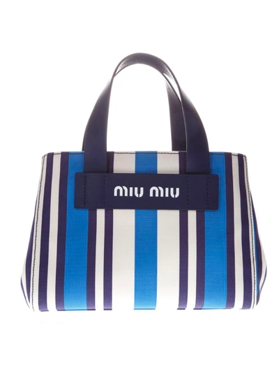 Shop Miu Miu Bag In Canvas With Striped Pattern Blue And White In Blue/white