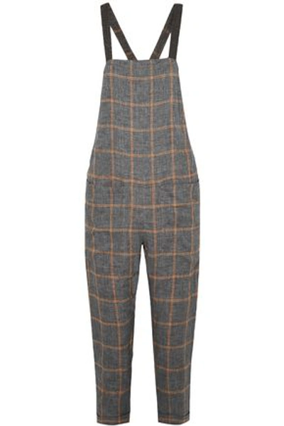 Shop Brunello Cucinelli Woman Cropped Bead-embellished Checked Linen Overalls Gray