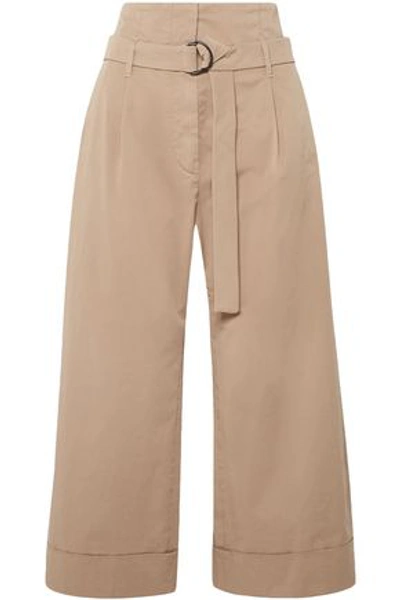 Shop Brunello Cucinelli Cropped Belted Stretch-cotton Poplin Wide-leg Pants In Beige