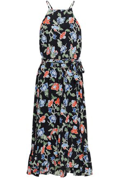 Shop Joie Woman Fluted Floral-print Silk Crepe De Chine Midi Dress Black