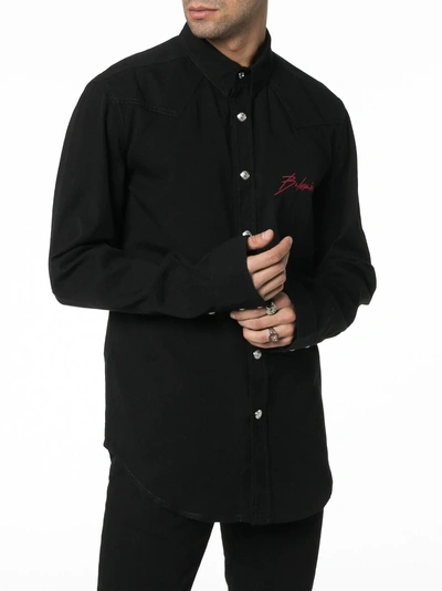 Shop Balmain Logo Embroidered Denim Shirt In Black