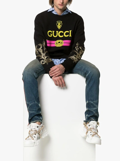Shop Gucci Logo Embellished Cotton Sweatshirt In 1082  Black
