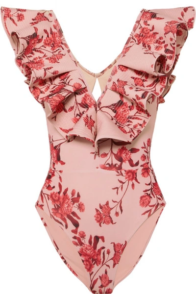 Shop Johanna Ortiz Manzanillo Del Mar Ruffled Cutout Floral-print Swimsuit In Blush