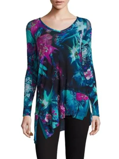 Shop Fuzzi Tropical Floral-print V-neck Asymmetrical Top In Turquoise