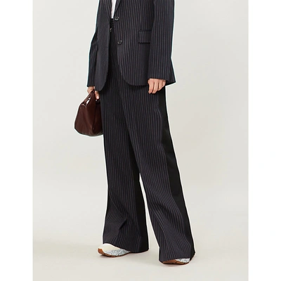 Shop Stella Mccartney Pinstriped High-rise Wide-leg Wool Trousers In Ink