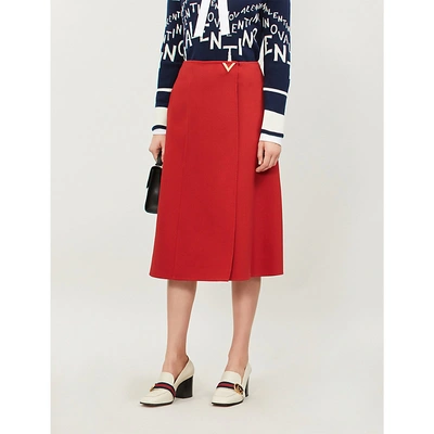 Shop Valentino High-waist Wrap-effect Wool-crepe Midi Skirt In Brick
