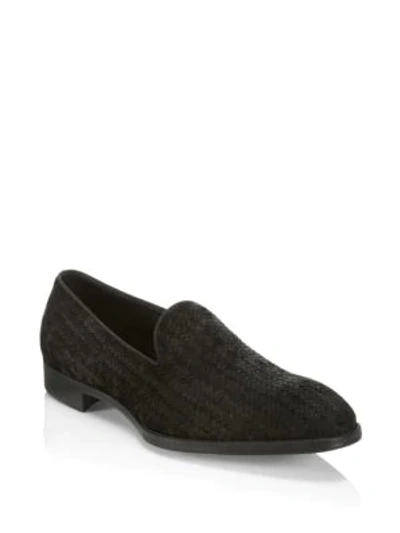 Shop Giorgio Armani Woven Texture Leather Loafers In Black