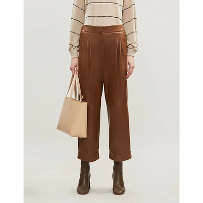 Shop Brunello Cucinelli Wide-leg Cropped Leather Trousers In Brown