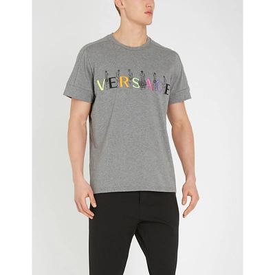 Shop Versace Logo-embroidered Cotton-jersey T-shirt In Grey