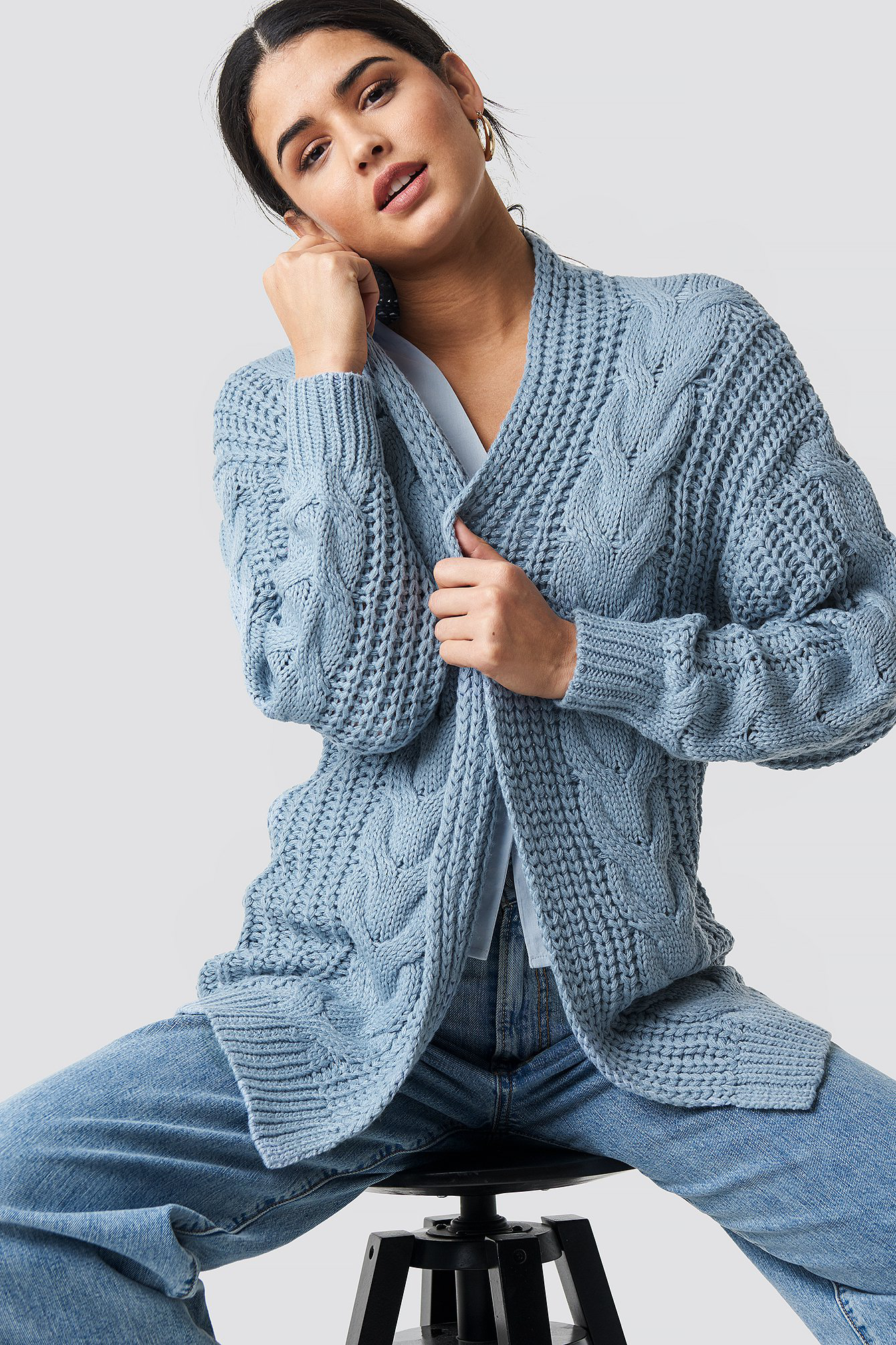 Na-kd Chunky Cable Knit Long Cardigan - Blue | ModeSens