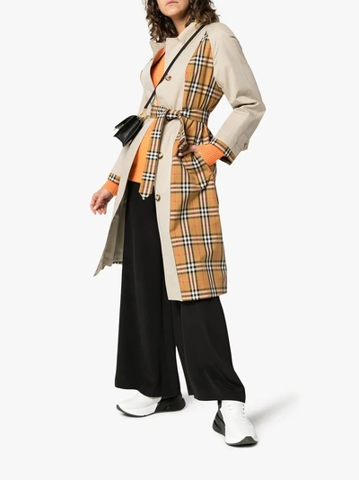 Shop Burberry Guisley Check Print Panelled Cotton Trench Coat In A1450 Stone