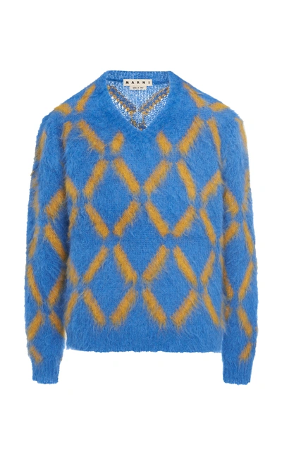 Shop Marni Patterned V-neck Mohair Sweater In Blue