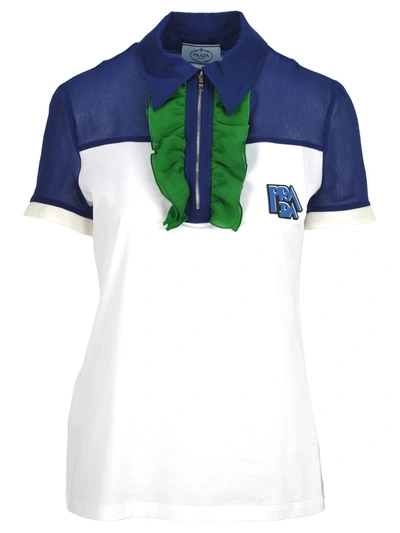 Shop Prada Ruffled Detail Polo Shirt In White + Ink + Green