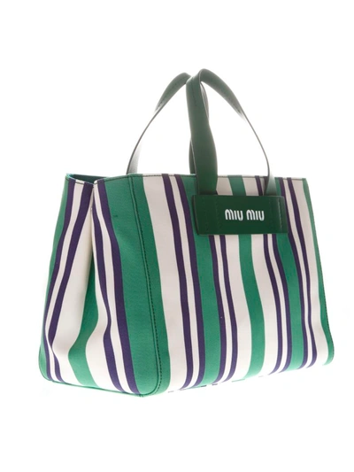 Shop Miu Miu Large Tote Bag In Canvas Green And White Striped Pattern In Green/white