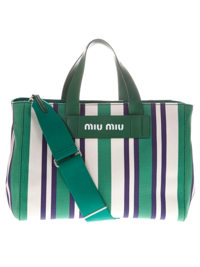 Miu Miu Striped Canvas Beach Bag In Green Multi | ModeSens