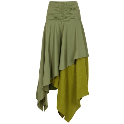 Shop Loewe Army Green Ruched Asymmetric Skirt In Khaki