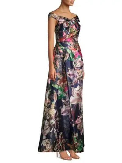 Shop Aidan Mattox Bardot Off-the-shoulder Floral Gown In Navy