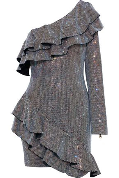 Shop Balmain Woman One-shoulder Crystal-embellished Ruffled Woven Mini Dress Silver